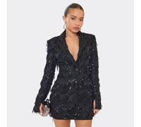 Cinched Waist Tassel Sequin Detail Blazer In Black, Women's Size UK 6