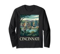 Cincinnati Ohio Retro Vintage Skyline Bridge River Cityscape Long Sleeve T-Shirt