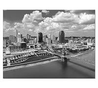 Cincinnati Wall Art, Canvas Prints Ohio John Roebling Bridge Cityscape Wall Decor for Office Bedroom Decoration City Skyline Picture Black and White Poster with Frame Ready to Hang(16x12 inches)