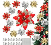 Cindeer 24 Pcs Christmas Flowers Decorations Glitter Artificial Poinsettia Flower Xmas Tree Ornament with Clips and Stems Poinsettia Christmas Decorations for Wedding Party Wreath, Red, Golden, Silver
