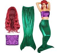 Cindeer 3 Pcs Mermaid Costume for Women, Include Sequin Mermaid Crop Tops Strapless Metallic Tube Tops, Tail Skirt, Curly Wig (Green,Small)