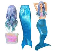 Cindeer 3 Pcs Mermaid Costume for Women, Include Sequin Mermaid Crop Tops Strapless Metallic Tube Tops, Tail Skirt, Curly Wig (Blue,Small)