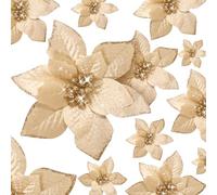 Cindeer 36 Pcs 3 Size Christmas Tree Decorations Poinsettias Artificial Flowers Ornaments Glitter Faux Christmas Flowers with Clips for Xmas New Year Home Wedding Outdoor, 4", 6" and 9" (Champagne)