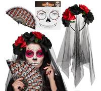 Cindeer Day of the Dead Costume Accessories for Women Headpiece Rose Floral Crown Halloween Costume Mexican Headband with Veil Sugar Skull Folding Fan and Festival Face Gems Dia De Los Muertos