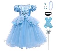 Cinderella Dress for Girl Princess Costume Fancy Dress Up Kids Halloween Carnival Book Week Christmas Birthday Party Cosplay Puff Short Sleeve Tulle Long Dress with Accessories Blue Flower 3-4 Years