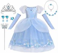 Cinderella Fancy Dress Costume Girls Princess Dress Up & Accessories Set for Themed Party, Birthday and Halloween Cosplay, Age 5-6 Years