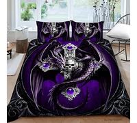 CINDINA Sugar Skull Duvet Cover Single Size Gothic Print Bedding Set Purple Dragon Pattern Comforter Halloween Horror Skeleton Bones Bedspread 3Pcs, 137 x 200 cm (54'' x 79'' inches)