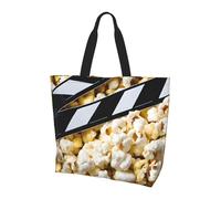 Cinema Movie Clapboard and Popcorn Print Large Women Tote Bag,Stylish Waterproof Ladies Shoulder Bag, Folding Beach Travel Bag for Work,Shopping