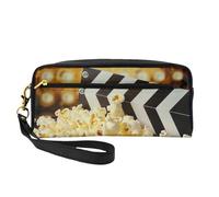 Cinema Movie Clapboard and Popcorn Printed Leather Makeup Bags with Wrist Strap Portable Travel Toiletry Bag Cosmetic Organizer Bag for Women