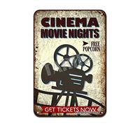 Cinema Movie Nights Get Tickets Now Free Popcorn Retro Look Iron 20X30 CM Decoration Plaque Sign for Home Kitchen Bathroom Farm Garden Garage Inspirational Quotes Wall Decor