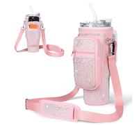 Cinica Bling Diamond Water Bottle Carrying Bag for Stanley 40 oz with Card Holder/Phone Pocket,Neoprene Water Bottle Holder Pouch with Adjustable Strap for Stanley Cup Accessories (Pink)