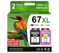 CINKCOCO 67XL Ink Cartridge Black/Color Combo Pack Replacement for HP Ink 67 67XL Printer Ink Works for HP DeskJet 2755e 2700 2855e 2800 4155e 4255e 2755 2852e Envy 6055e 6000 6455e (2 Pack)