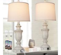 Cinkeda Farmhouse Table Lamps Set of 2 with USB Charging Port for Rustic Living Room Retro Bedroom,3-Way Dimmable Touch Lamp Resin Bedside Lamps for Nightstand Side End Table,Color 2