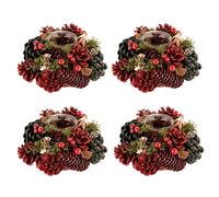 Cinnamon Pine Christmas Glass Tea Light Candle Holder Set (BG25) | Dyed Pine Cones, Red, Green, Cinnamon Stick, Artificial Berries, Tealight Holder