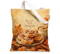 Cinnamon Rolls Canvas Tote Bag, Rustic Cozy Autumn Leaves Cup Fall Brown Aesthetic Tote Bag 13x15 Inch, Brown, 13x15 Inch