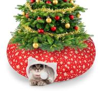Cinnvoice 2.62ft x 2.62ft x 10.24in Christmas Cat Tunnel Bed Under Christmas Tree for Indoor Cat, Xmas Red Cute Cat Donut Tunnel with Washable Circle Cushion, Foldable Round Pet Tunnel Toy for Kitten