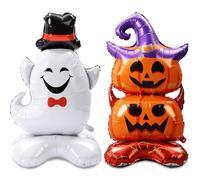 Cinnvoice 2 Pcs Large 3D Halloween Pumpkin Ghost Foil Balloons 48'' Halloween Aluminum Foil Balloons with Base Standing for Day of the Dead Horror Scary Spooky Party Decorations Supplies