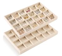 Cinnvoice 2 Pcs Stackable Jewelry Organizer Tray for Drawer, 24 Grids Velvet Earrings Ring Tray for Selling Earring Necklace Bracelet Showcase Display Organizer(Linen)