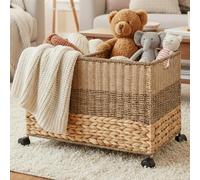 Cinnvoice 23×17.5×16 in Wicker Storage Trunk with Wheels and Lid, Heavy Duty Rolling Wicker Basket for Blankets Large Toy Chest Water Hyacinth Woven Blanket Bin for Bedroom, Laundry Room
