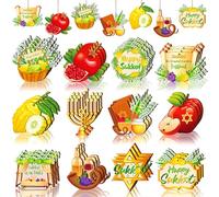 Cinnvoice 36 Pcs Sukkot Wooden Hanging Ornaments, Happy Sukkah Tent Decorations Hanging Supplies Swirls Lulav Etrog Kit for Jewish Holiday Sukkot Party Jerusalem Decor
