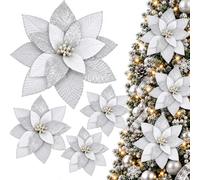 Cinnvoice 4 Pcs 16'' Poinsettia Flower Christmas Artificial Flower,Silver | Extra Large, Velvet, Glitter, Picks Ornaments, Christmas Tree Decor, Floral Stems for Xmas Tree Decoration, Wreath Garland