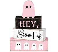Cinnvoice 4 Pcs Halloween Table Decorations Pink Ghost Tiered Tray Decor Farmhouse Ghost Tabletop Centerpiece Rustic Wooden Block Sign Gift Halloween Decor for Home Office Mantel Kitchen Shelf