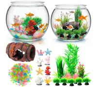 Cinnvoice 521 Pcs Plastic Fish Bowls Starter Kit, 1.5 Gallon & 0.27 Gallon Round Shatterproof Aquarium with Luminous Stones, Artificial Plants, Decor for Betta Goldfish, Small Fish Tank for Office