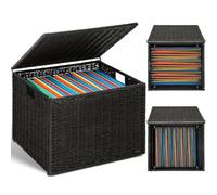 Cinnvoice Extra Large Decorative File Box Wicker Seagrass File Basket Organizer for Letter & Legal Size Hanging Filing Cabinet with Lid (18 x 16 x 13 in,Paper Rope,Black)