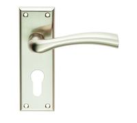 Cinquanta Lever on Backplate Satin Chrome Finish Solid Zinc Architectural Handle Set for Contemporary Internal Doors (Lock - Euro, Satin Nickel, Boxed)