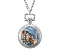 Cinque Terre and Pisa Tower Painting Vintage Pocket Watch with Chain Arabic Numerals Scale Quartz Pocket Watches Gifts for Men Women