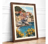 Cinque Terre in Bloom Coastal Framed Wall Art Print A3 (42×29.7cm) Walnut, Wall Decor for Living Room, Bedroom, Office & Home, Ready to Hang, Art Gift