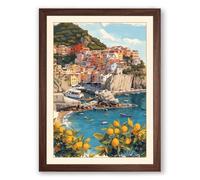 Cinque Terre in Bloom Coastal Framed Wall Art Print A4 (29.7×21cm) Walnut, Wall Decor for Living Room, Bedroom, Office & Home, Ready to Hang, Art Gift