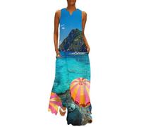 Cinque Terre Italy Beach Women's Casual Sleeveless Dress V-Neck Maxi Sundress with Pockets 2XL