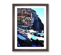Cinque Terre Italy Fishing Boats Modern Framed Print | A4 Walnut Framed Wall Art | Ready to Hang | Modern Nature Picture | Living Room Bedroom Lounge Office