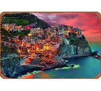 Cinque Terre Manarola Italy Cliff Homes Landscape Photo Photograph Art Sicily Almafi Coast Picture Beautiful Scenery Metal Tin Signs Room Stuff Wall Decor Sign 8x12 Inch
