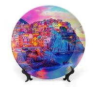 Cinque Terre Manarola Italy Trendy Bone China Decorative Plate with Display Stand Ceramic Decor Plate Art Crafts 6inch