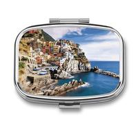 Cinque Terre Scenery Pill Organizer Container for Travel, Metal 2 Compartment Square Pill Case, Portable Mini Medicine Box Pill Storage Case for Purse Pocket, Supplement Storage