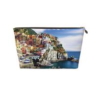 Cinque Terre Scenery Portable Leather Travel Cosmetic Bag, Toiletry Bag, Waterproof Storage Bag