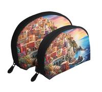 Cinque Terre Scenery Portable Shell Makeup Bag Set (2 Pieces), Zippered Travel Toiletry Bag For Cosmetics