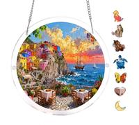 Cinque Terre Scenic View 7.8x7.8Inch Round Acrylic Puzzle Unique Shape Coastal Wall Art Home Decoration Hanging Ornament Creative Relaxing Activity