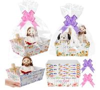 Cinrobiye 12 Pcs Religious Basket Inspirational Motivational Flower Gift Basket Bulk Spring Classic Bible Empty with Wrap Bags Pull Bows for Women Wedding Baptism Mother's Day Church Supplies