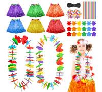 Cinrobiye 6 Set Hawaiian Leis Luau Party Decorations Luau Party Lei Making Craft Kits DIY Hibiscus Floral Lei with Hula Skirt Lays for Hawaiian Night Tropical Summer Beach Party Favors Supplies