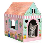 Cinrobiye Cardboard Cat House with Scratcher Spring Pet Board Bed Cave Playhouse Hideaway Hideout Condo Decor Small Animals Scratch Box for Indoor Cats Kittens Rabbits Bunny