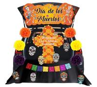 Cinrobiye Dia de los Muertos Halloween Trunk or Treat Decoration Kit Day of the Dead Car Decorations with Banner Cross Backdrop Skull Cardstocks Flags for SUV Garage Church Party Decor Supplies