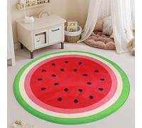 CINROPE 3ft Round Watermelon Area Rug - Red with Green Seeds, Soft Flannel & Memory Foam Blend, Non-Slip Backing, High Pile, Machine Made, Indoor Use, Nursery Room Decor