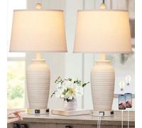 CINSARY 24.3" Farmhouse Jar Table Lamps Set of 2, 3 Way Touch Control Rustic Bedside Lamps with USB C Ports & AC Outlet, Pot Nightstand Lamps for Bedroom Living Room (LED Bulbs Included)