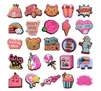 Cinsenten Pink Cats Unicorn and Foods, Girls Croc Accessories, Animal Food Charms, Croc Pins, Clog Badges for Party Decoration Gifts for Kids Girls 25PCS