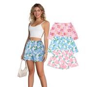 Cinvik Womens Pyjamas Funny Brethable High Waisted Pyjamas Bottoms Soft Cotton Print Shorts Sleepwear Ladies Fruit Blue Flower Pink Flower Short Pants 3 Pcaks For Women X-Large