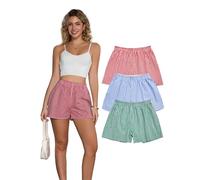 Cinvik Womens Pyjamas Funny Cute Brethable High Waisted Pyjamas Bottoms Soft All Cotton Shorts Sleepwear Ladies Blue Checked Green Checked Red Checked Print Short Pants 3 Pcaks For Women Large