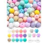 Cinvo 100pcs Silicone Loose Beads - 15mm Round & 14mm Hexagon Shaped Jewelry Making Kit with 5m Lanyard (Macaron Color Beads Kit)